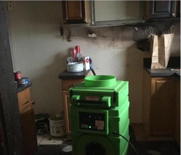 green air scrubbers, fire damage kitchen, no appliances